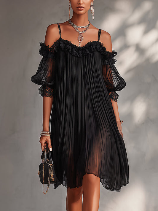 Vittoria™ | Minivestido negro de muselina con hombros al aire