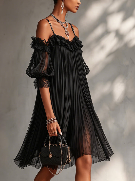 Vittoria™ | Minivestido negro de muselina con hombros al aire