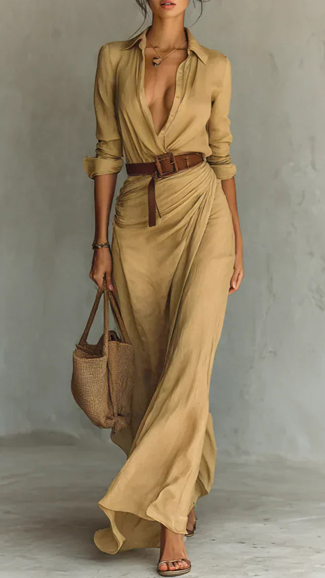 Camille™ | Vestido Maxi con Solapa y Cintura Marcada