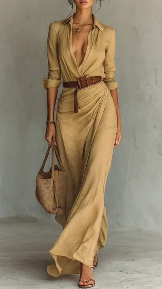 Camille™ | Vestido Maxi con Solapa y Cintura Marcada