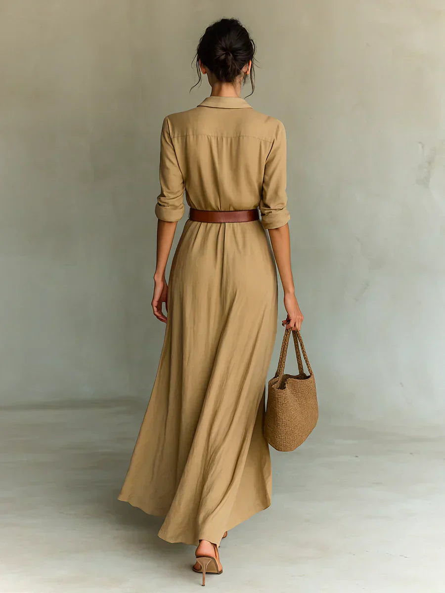 Camille™ | Vestido Maxi con Solapa y Cintura Marcada