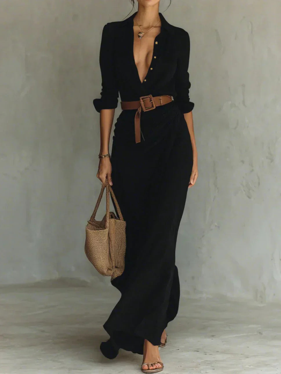Camille™ | Vestido Maxi con Solapa y Cintura Marcada