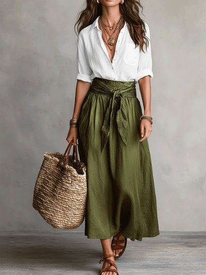 Miguela™ | Conjunto top negro y falda midi verde oliva