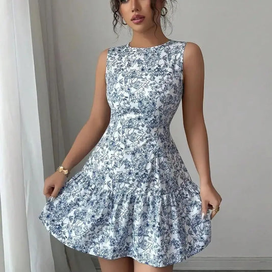 Vestido Floral Azul y Blanco