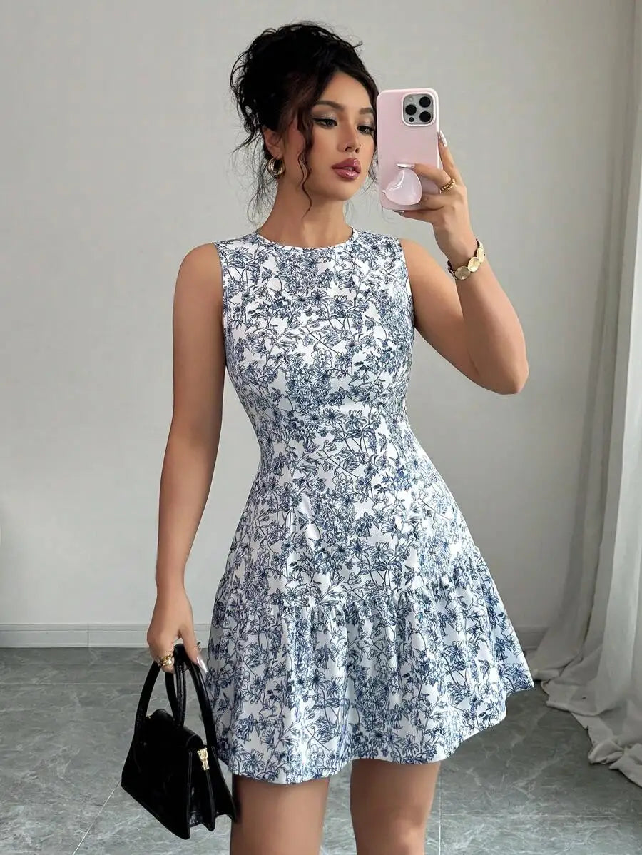 Vestido Floral Azul y Blanco