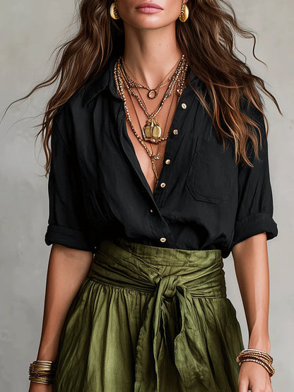 Miguela™ | Conjunto top negro y falda midi verde oliva