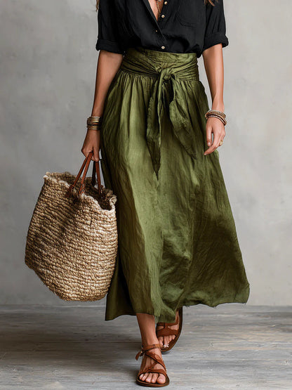 Miguela™ | Conjunto top negro y falda midi verde oliva