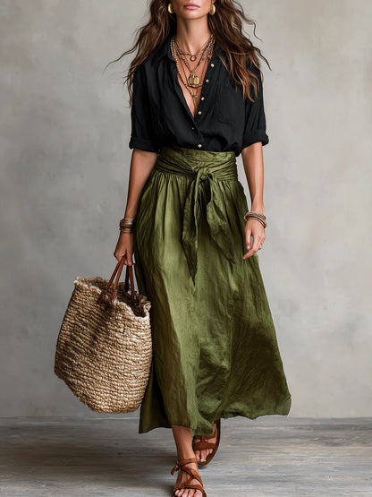 Miguela™ | Conjunto top negro y falda midi verde oliva