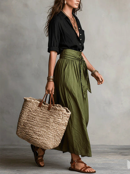 Miguela™ | Conjunto top negro y falda midi verde oliva