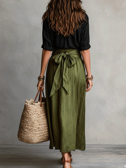 Miguela™ | Conjunto top negro y falda midi verde oliva