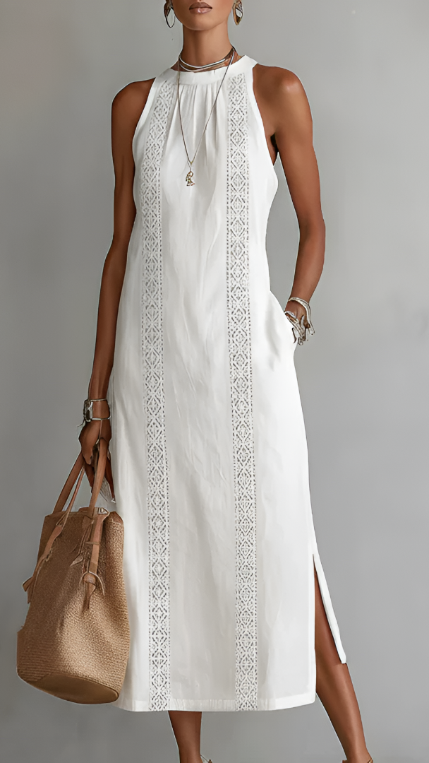Jimena™ | Vestido midi de lino con cuello mao